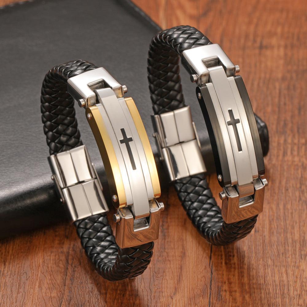 Pulsera Masculina de Cuero con Cruz Central - Plick