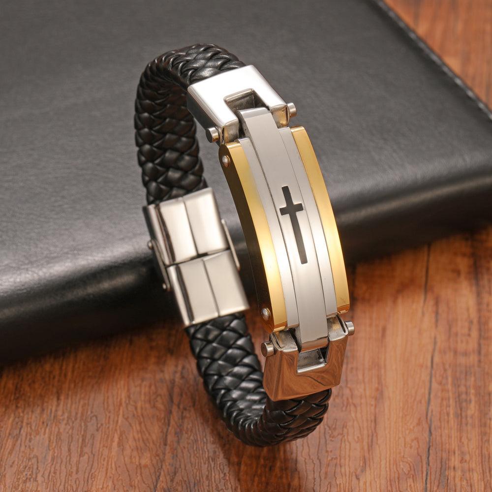 Pulsera Masculina de Cuero con Cruz Central - Plick